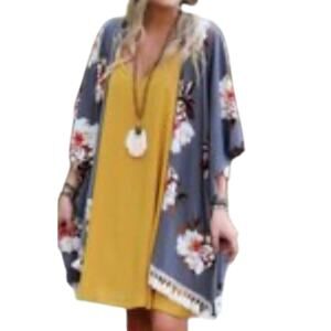 UMGEE Gray White Floral Tassel Trim Kimono Cover Up Topper 1XL/2XL Boho Festival